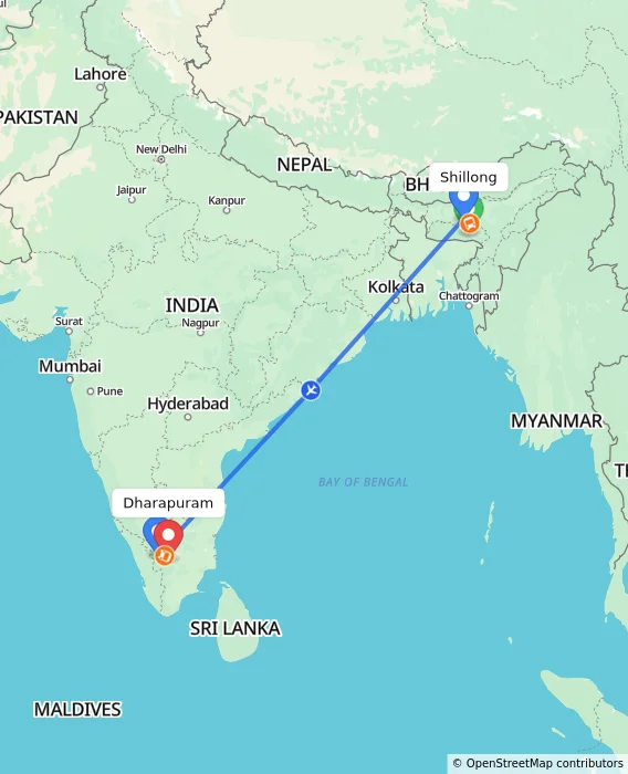 Route map showing distance and travel time from Shillong, India to Dharapuram, India