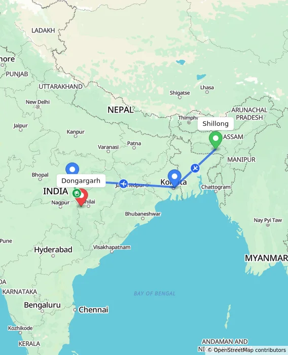 Route map showing distance and travel time from Shillong, India to Dongargarh, India