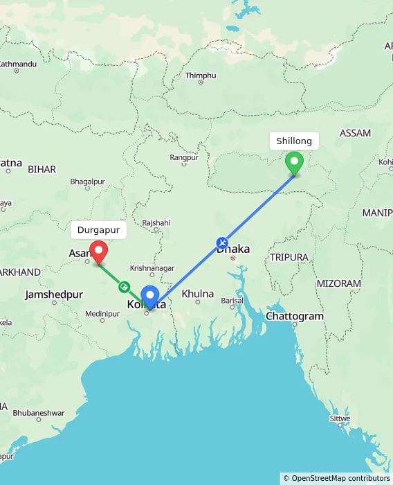 Route map showing distance and travel time from Shillong, India to Durgapur, India