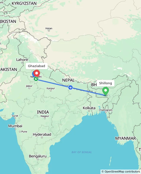 Route map showing distance and travel time from Shillong, India to Ghaziabad, India