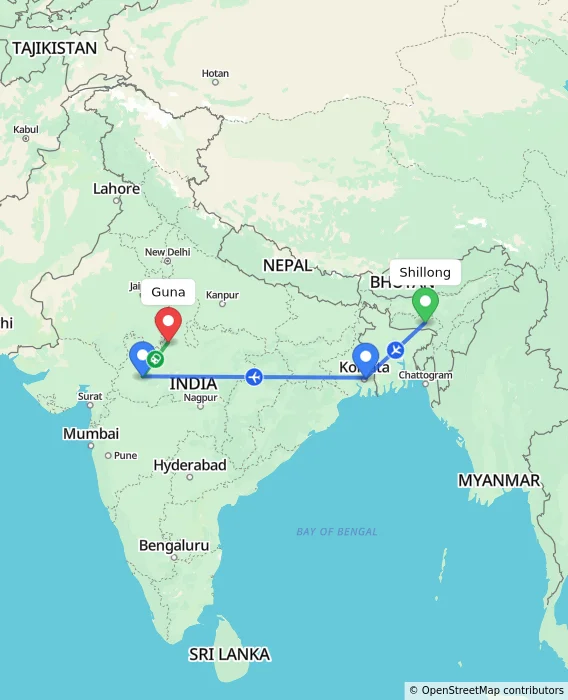 Route map showing distance and travel time from Shillong, India to Guna, India