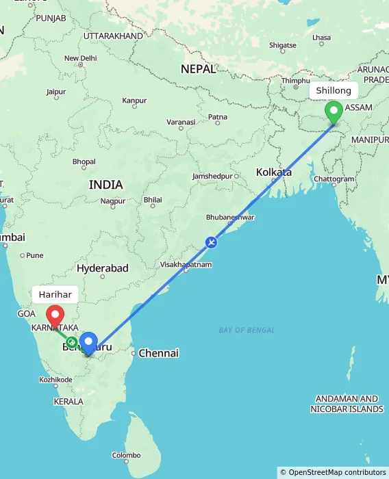 Route map showing distance and travel time from Shillong, India to Harihar, India