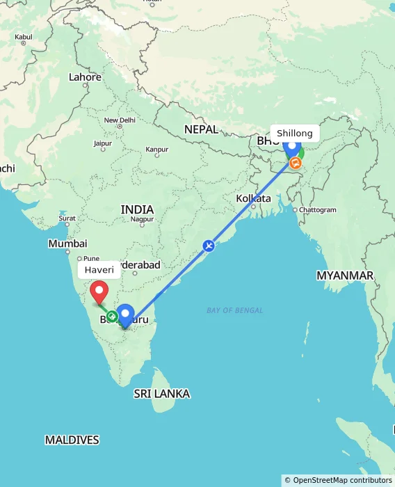 Route map showing distance and travel time from Shillong, India to Haveri, India
