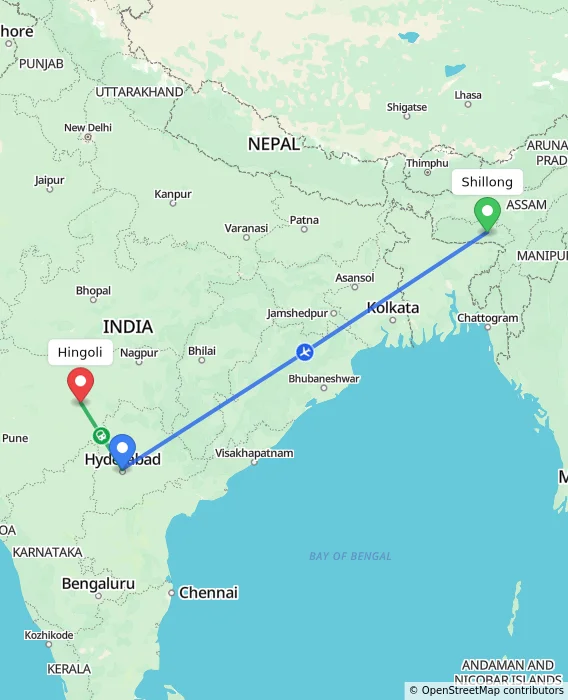 Route map showing distance and travel time from Shillong, India to Hingoli, India