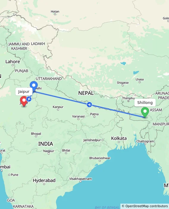 Route map showing distance and travel time from Shillong, India to Jaipur, India