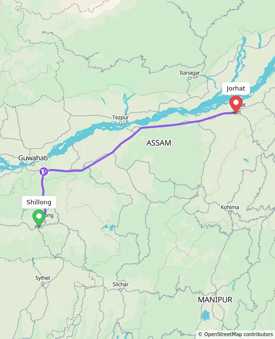 Route map showing distance and travel time from Shillong, India to Jorhat, India