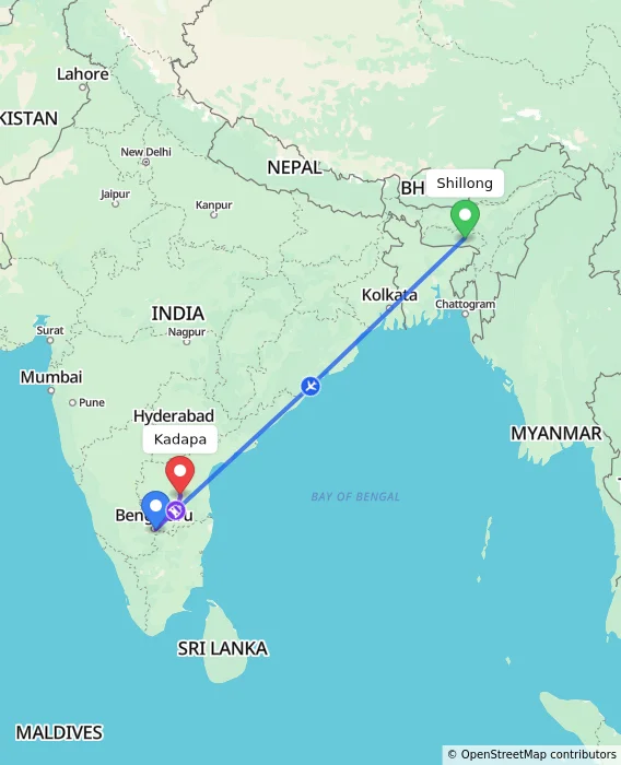 Route map showing distance and travel time from Shillong, India to Kadapa, India