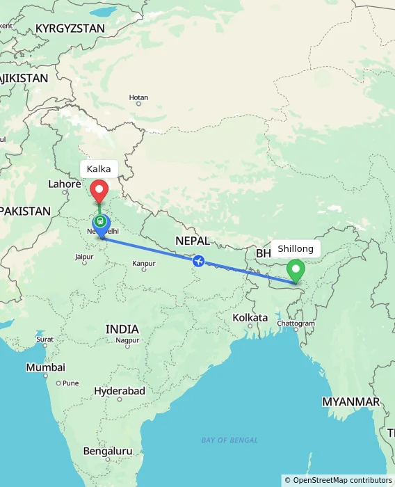 Route map showing distance and travel time from Shillong, India to Kalka, India