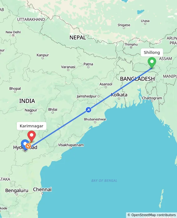 Route map showing distance and travel time from Shillong, India to Karimnagar, India