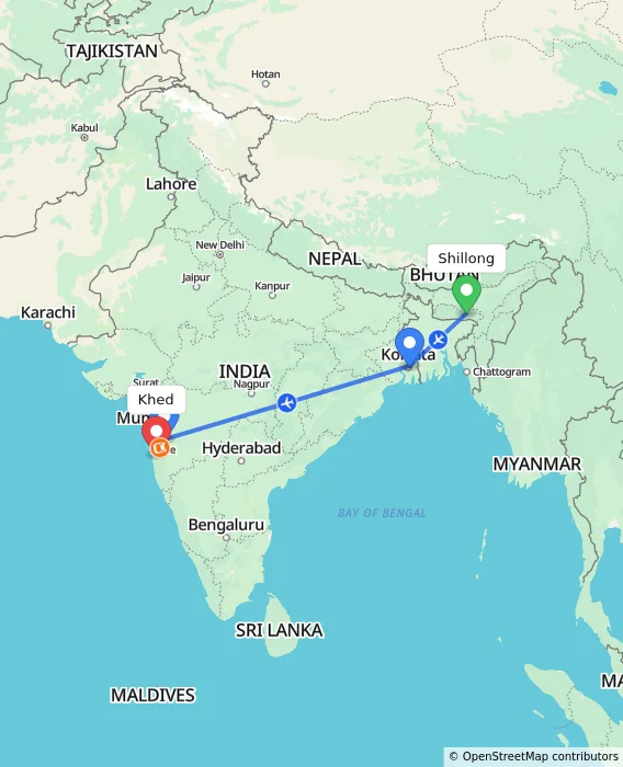 Route map showing distance and travel time from Shillong, India to Khed, India