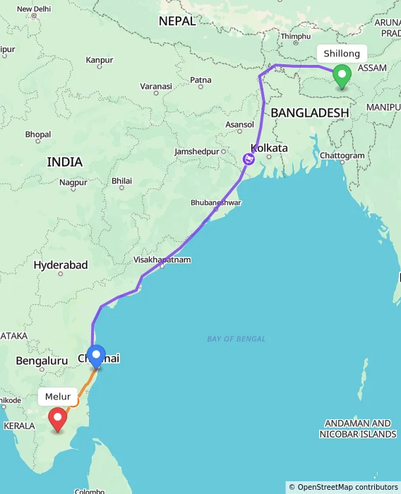 Route map showing distance and travel time from Shillong, India to Melur, India