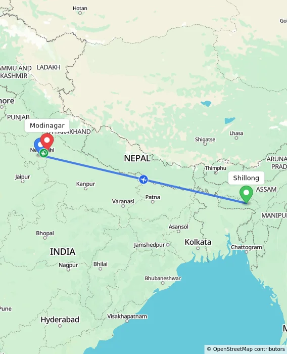 Route map showing distance and travel time from Shillong, India to Modinagar, India