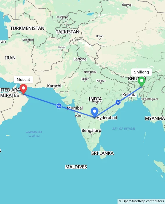 Route map showing distance and travel time from Shillong, India to Muscat, Oman