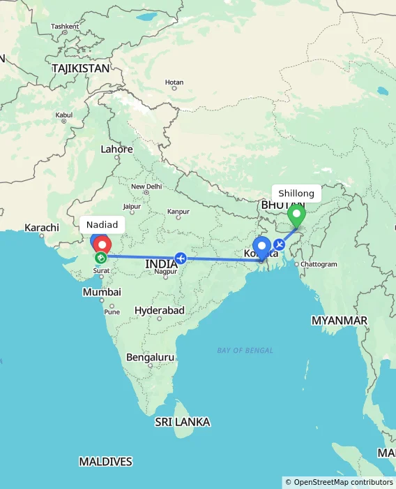 Route map showing distance and travel time from Shillong, India to Nadiad, India