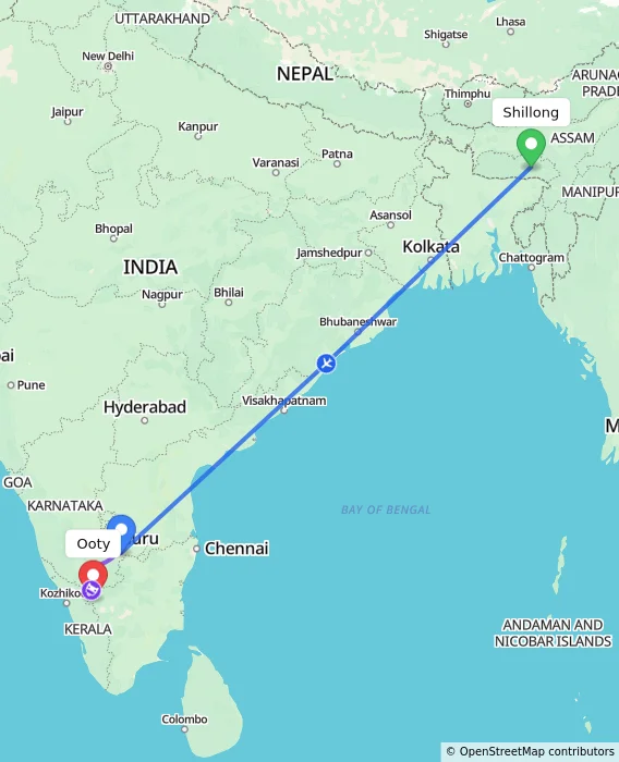 Route map showing distance and travel time from Shillong, India to Ooty, India