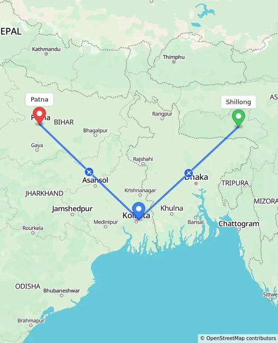 Route map showing distance and travel time from Shillong, India to Patna, India