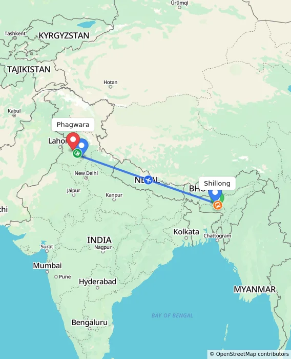 Route map showing distance and travel time from Shillong, India to Phagwara, India
