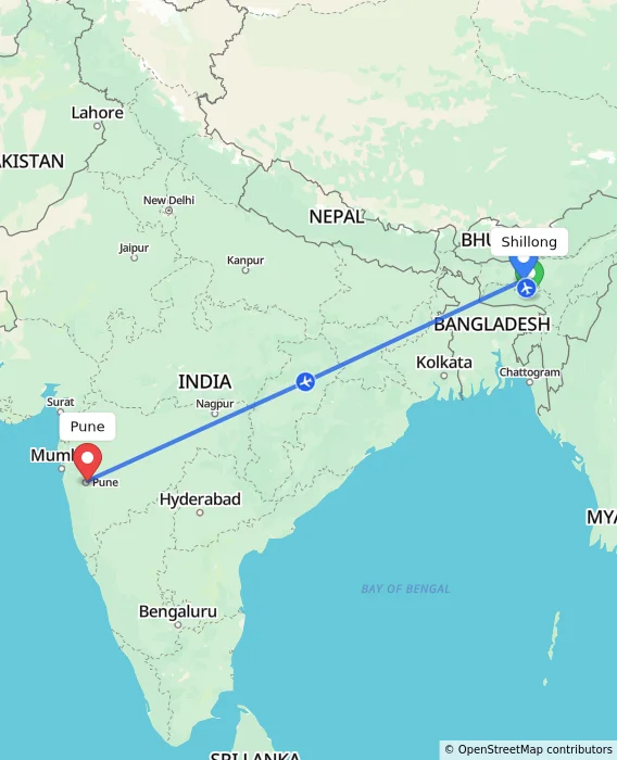 Route map showing distance and travel time from Shillong, India to Pune, India