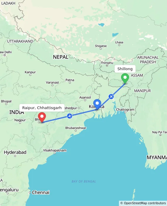 Route map showing distance and travel time from Shillong, India to Raipur, Chhattisgarh, India