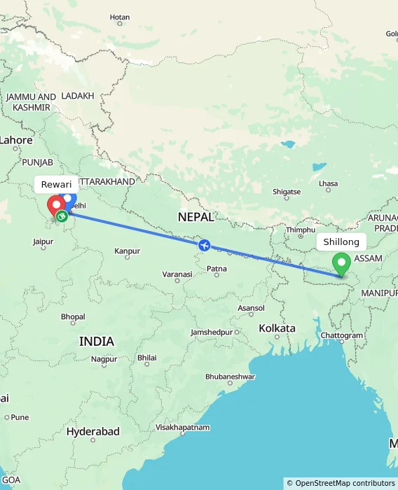 Route map showing distance and travel time from Shillong, India to Rewari, India