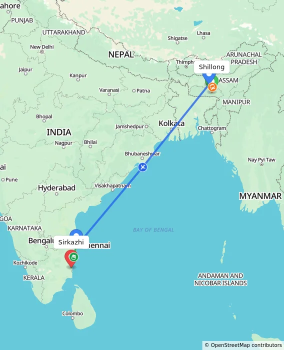 Route map showing distance and travel time from Shillong, India to Sirkazhi, India