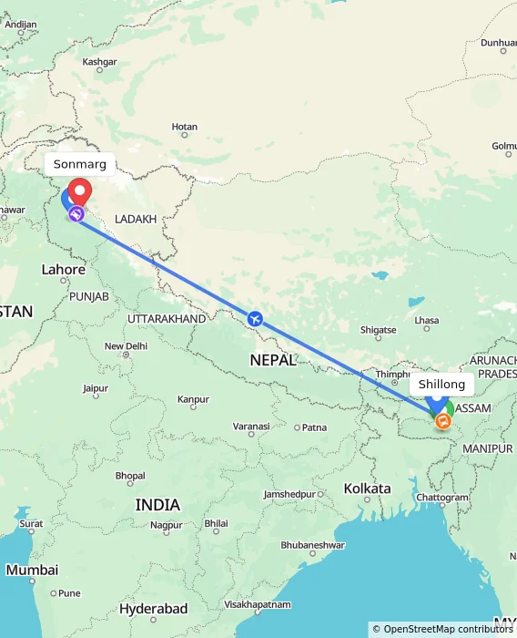 Route map showing distance and travel time from Shillong, India to Sonmarg, India