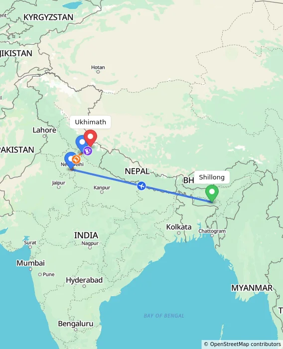 Route map showing distance and travel time from Shillong, India to Ukhimath, India