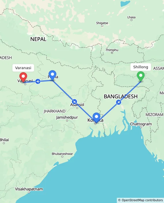 Route map showing distance and travel time from Shillong, India to Varanasi, India