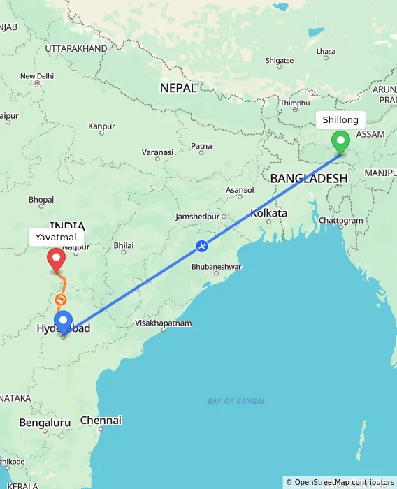 Route map showing distance and travel time from Shillong, India to Yavatmal, India