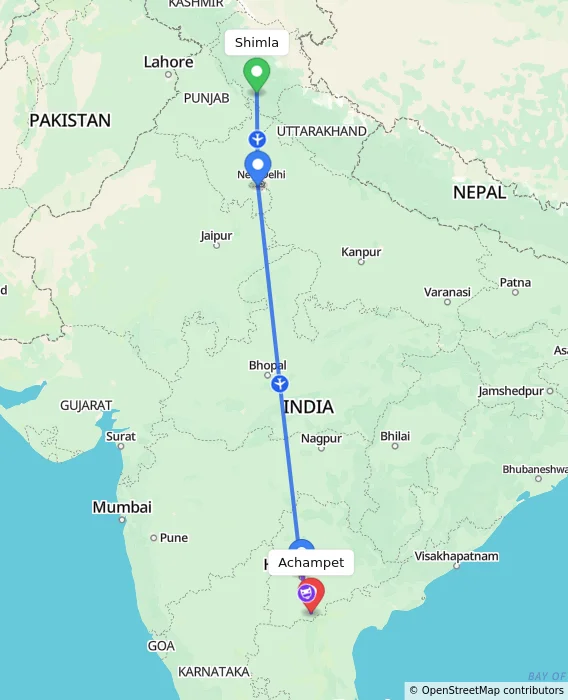 Route map showing distance and travel time from Shimla, India to Achampet, India