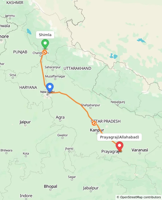 Route map showing distance and travel time from Shimla, India to Allahabad, India