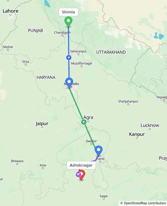 Route map showing distance and travel time from Shimla, India to Ashoknagar, India