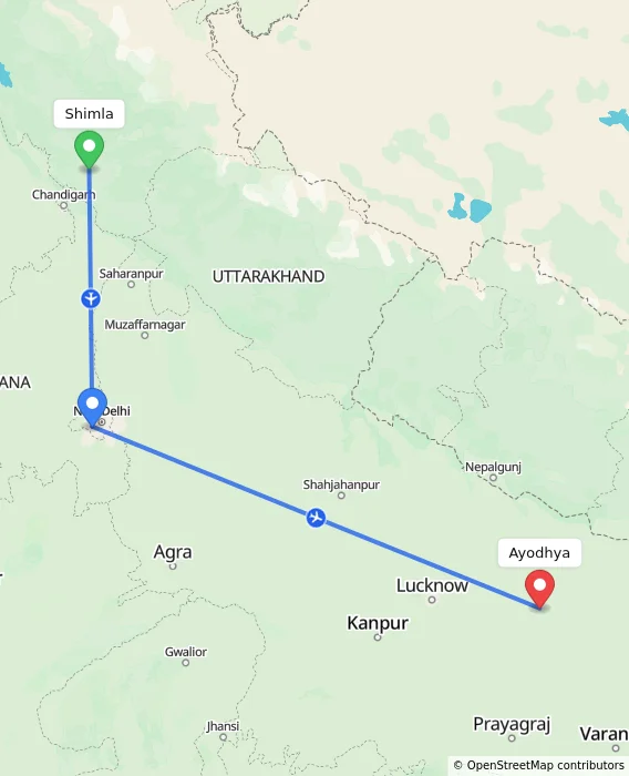Route map showing distance and travel time from Shimla, India to Ayodhya, India