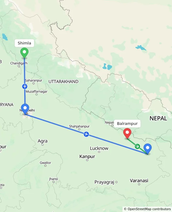 Route map showing distance and travel time from Shimla, India to Balrampur, India