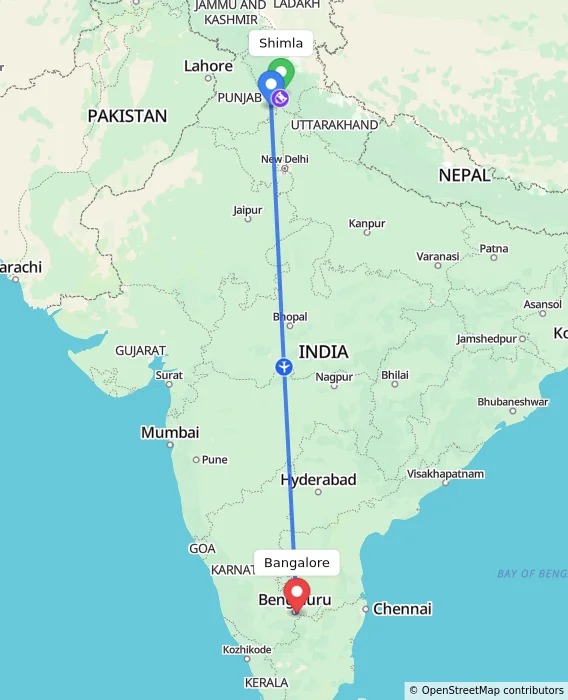 Route map showing distance and travel time from Shimla, India to Bangalore, India