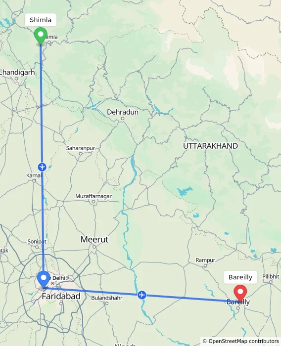 Route map showing distance and travel time from Shimla, India to Bareilly, India