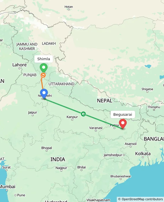 Route map showing distance and travel time from Shimla, India to Begusarai, India