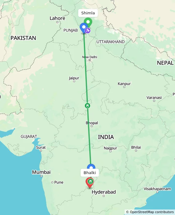 Route map showing distance and travel time from Shimla, India to Bhalki, India