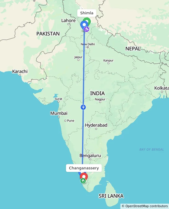 Route map showing distance and travel time from Shimla, India to Changanassery, India