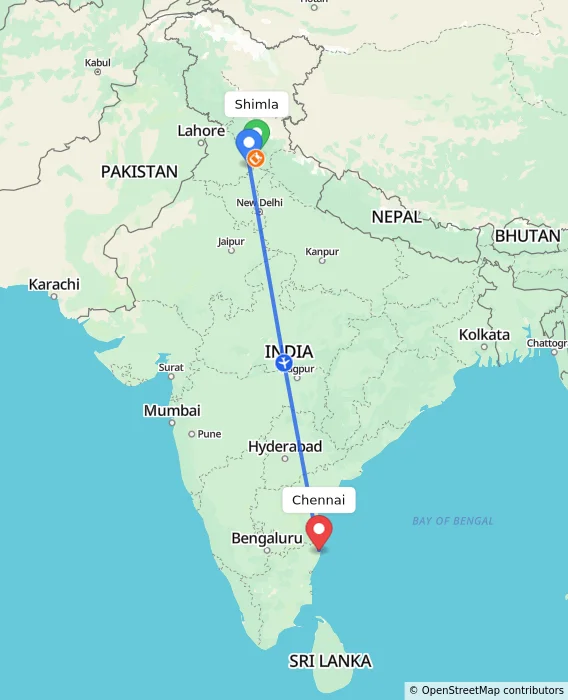 Route map showing distance and travel time from Shimla, India to Chennai, India
