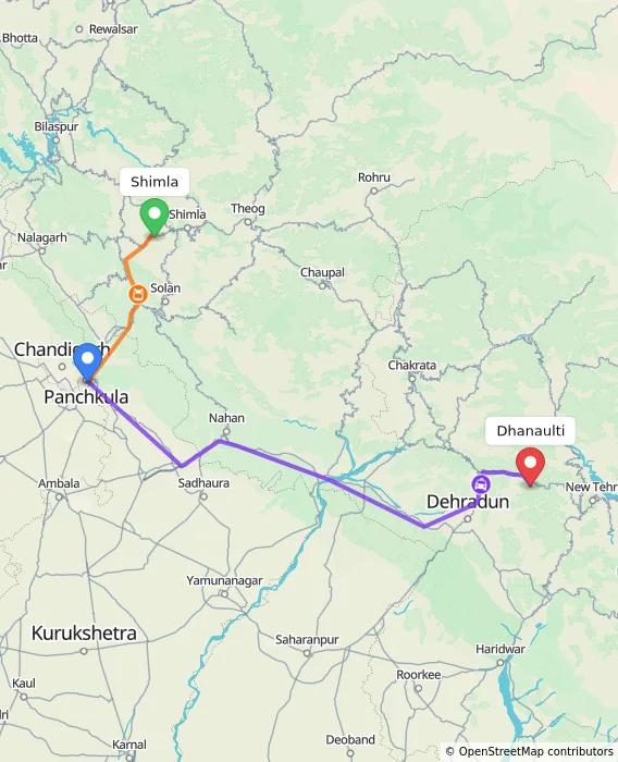 Route map showing distance and travel time from Shimla, India to Dhanaulti, India
