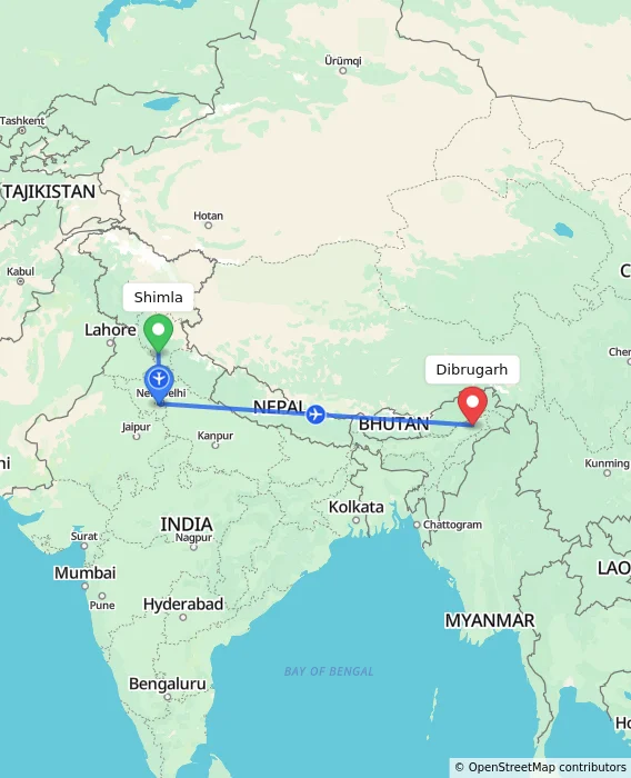 Route map showing distance and travel time from Shimla, India to Dibrugarh, India