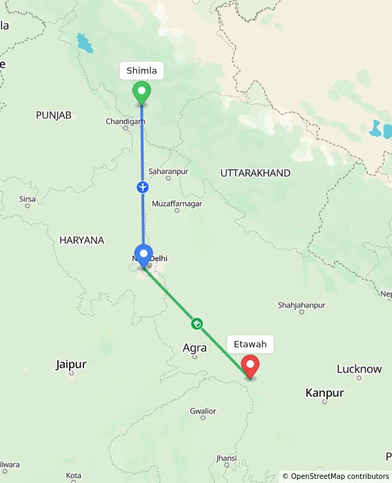 Route map showing distance and travel time from Shimla, India to Etawah, India
