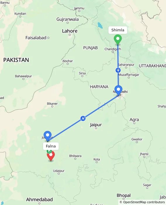 Route map showing distance and travel time from Shimla, India to Falna, India