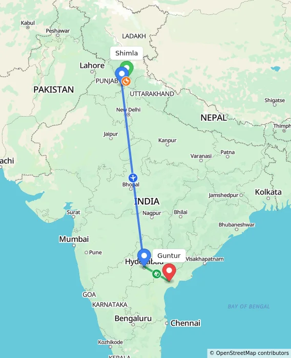 Route map showing distance and travel time from Shimla, India to Guntur, India