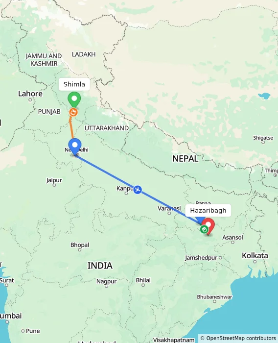 Route map showing distance and travel time from Shimla, India to Hazaribagh, India