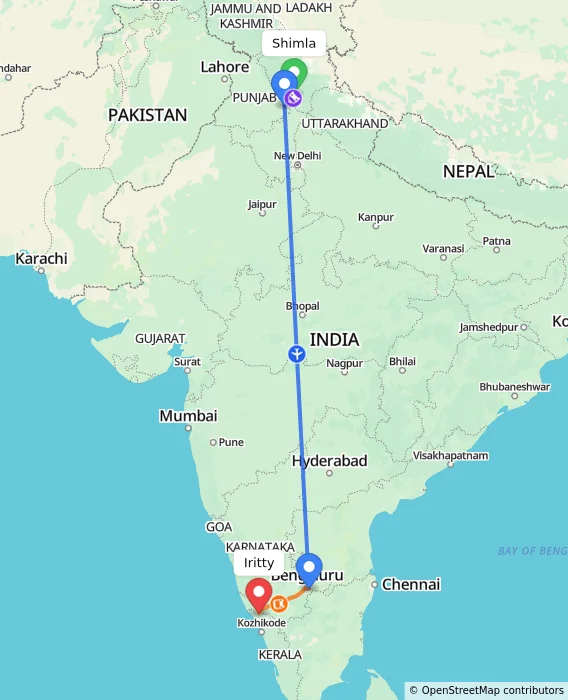 Route map showing distance and travel time from Shimla, India to Iritty, India