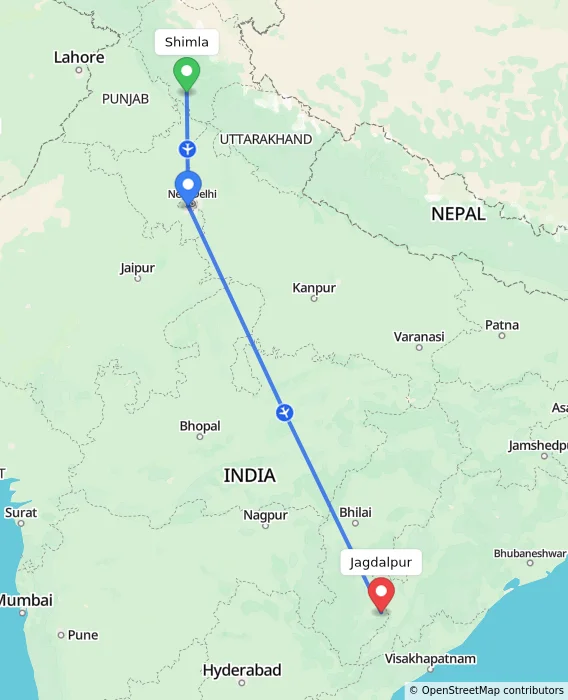 Route map showing distance and travel time from Shimla, India to Jagdalpur, India