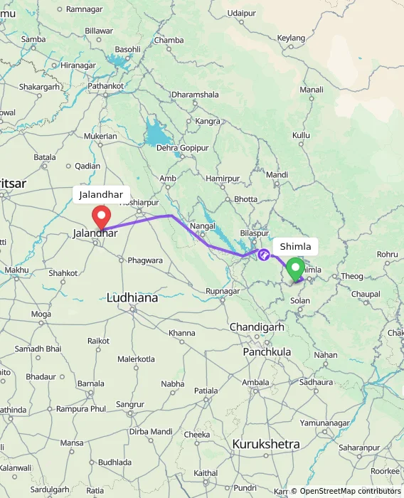 Route map showing distance and travel time from Shimla, India to Jalandhar, India