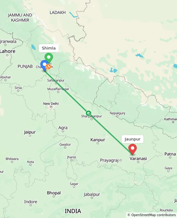 Route map showing distance and travel time from Shimla, India to Jaunpur, India